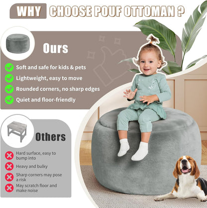 Round Stuffed Pouf Ottoman Foot Rest, Faux Fur Poufs with Memory Foam Filling, Ottomans for Living Room, Nursery, Dorm, Soft Foot Stool Ottoman for Couch, Perfect for Resting Your Feet (Grey, 20 Inch)