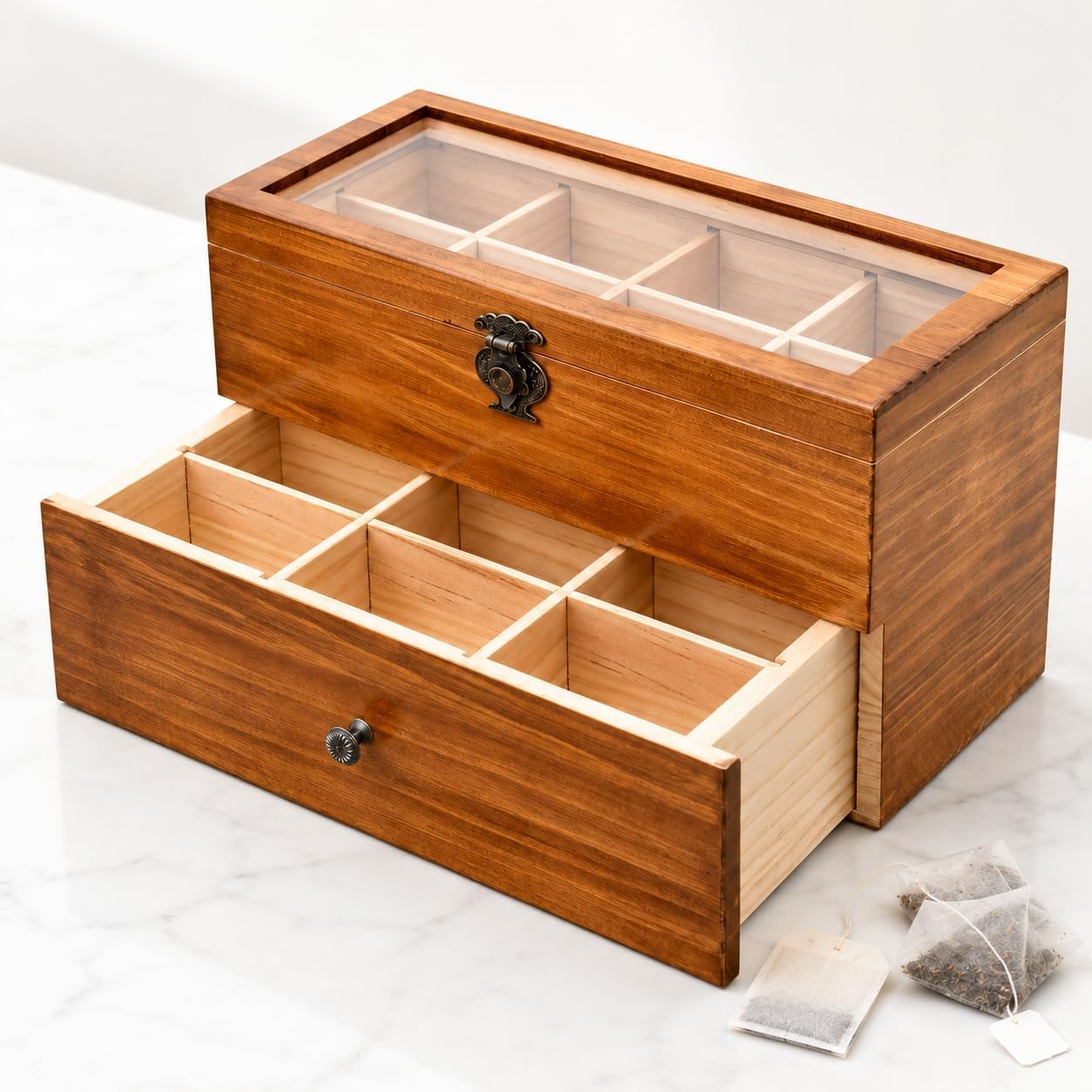 WELLAND Wood Tea Bag Organizer, Storage Box with Clear Acrylic Window, 2-layer 14 Compartments Large Capacity Tea Bag Holders, Gift Idea