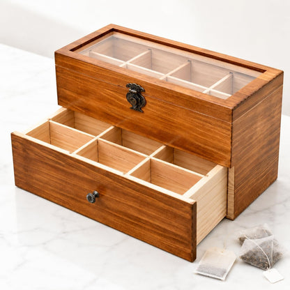 WELLAND Wood Tea Bag Organizer, Storage Box with Clear Acrylic Window, 2-layer 14 Compartments Large Capacity Tea Bag Holders, Gift Idea