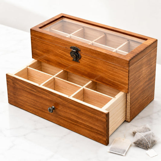 WELLAND Wood Tea Bag Organizer, Storage Box with Clear Acrylic Window, 2-layer 14 Compartments Large Capacity Tea Bag Holders, Gift Idea