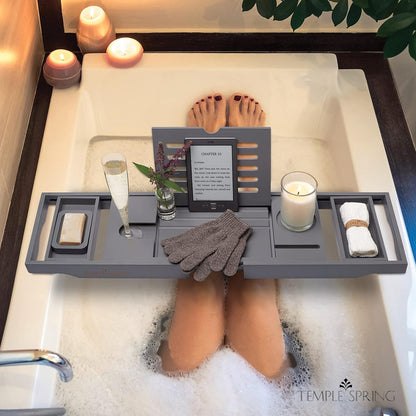 Temple Spring Bamboo Bathtub Tray Caddy for Tub — Expandable Wood Bath Tray with Solid Book Stand Wine Holder and Non-Slip Pads — Includes Bamboo Soap Dish and Spa Accessories — Luxury Bath Gift Set