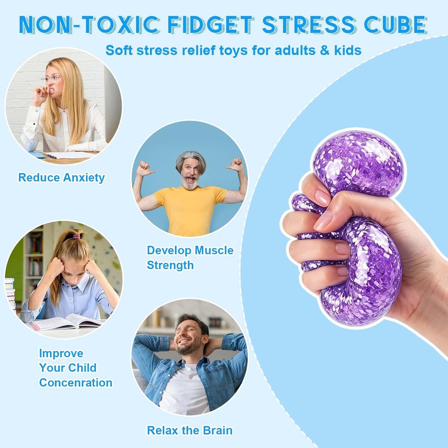 Square Squishy Squeeze Fidget Toys: Stress Relief Toys for Men Super Soft Slow Rising Cube - Sensory Desk Toys for Office Stress, Anxiety Relief & Focus - Cool Birthday Party Favors for Teens & Adults