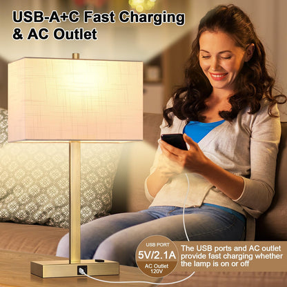 21" Touch Bedside lamps with 2 USB & AC Outlets, 3-Way Dimmable Bedside Table Lamps Set of 2 for Bedroom Living Room Office Reading, Gray Shade Lamps for Night Stands, 5000K LED Bulbs Included