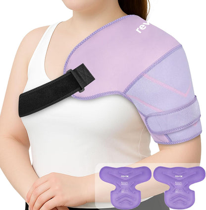 REVIX Large Shoulder Ice Pack Wrap, 2 Gel Packs+1 Shoulder Brace for Rotator Cuff and Arm, Reusable Gel Cold Therapy Wrap for Discomfort Relief & Muscle Relaxation, Easy to Wear & Remove