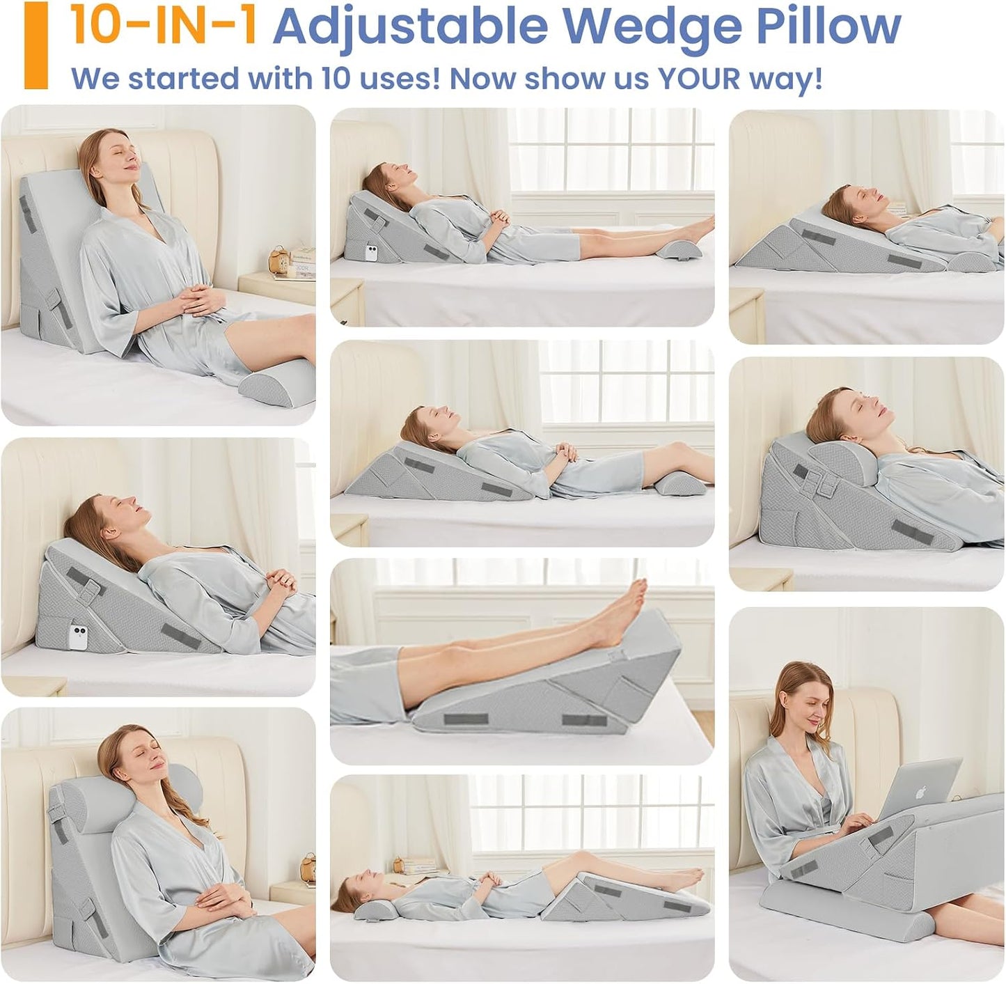 Sasttie Wedge Pillow Set for After Surgery, 2PCS Adjustable Bed Wedge Pillow Headboard with Memory Foam Neck Cushion – for Acid Reflux, Sleeping, Neck & Back Support, Dark Grey & White