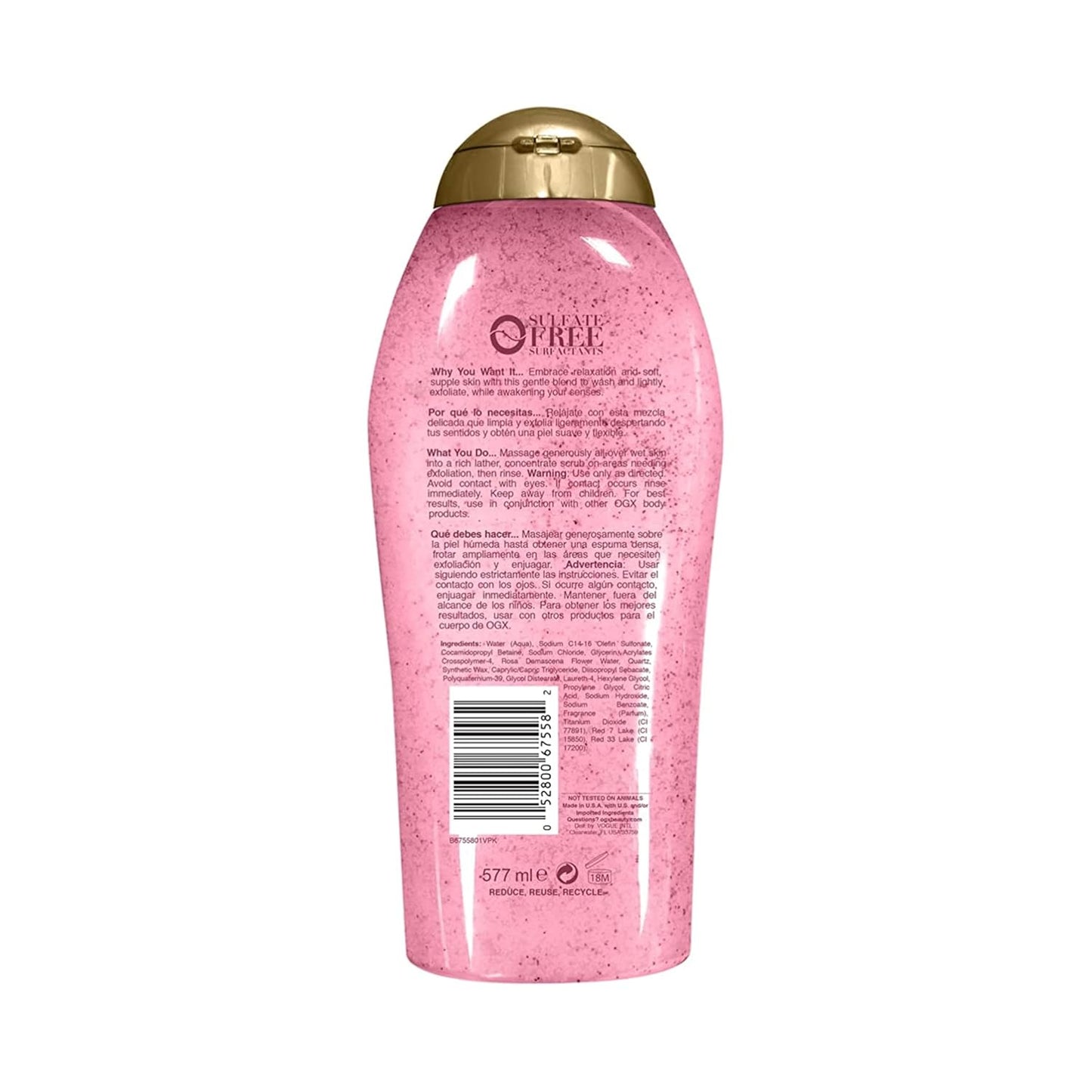OGX Sensitive + Rose Water & Pink Sea Salt Exfoliating Body Scrub + Rose Quartz, Gentle Exfoliating Daily Body Wash Softens Skin, Body Scrub for Women, Sulfate-Free Surfactants, 19.5 fl oz