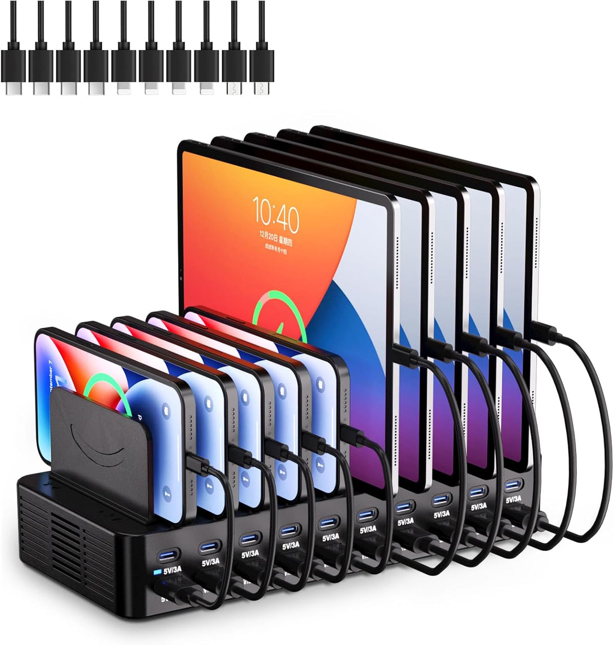 20-Port 270W Charging Station for Multiple Devices with 10 Charging Cables