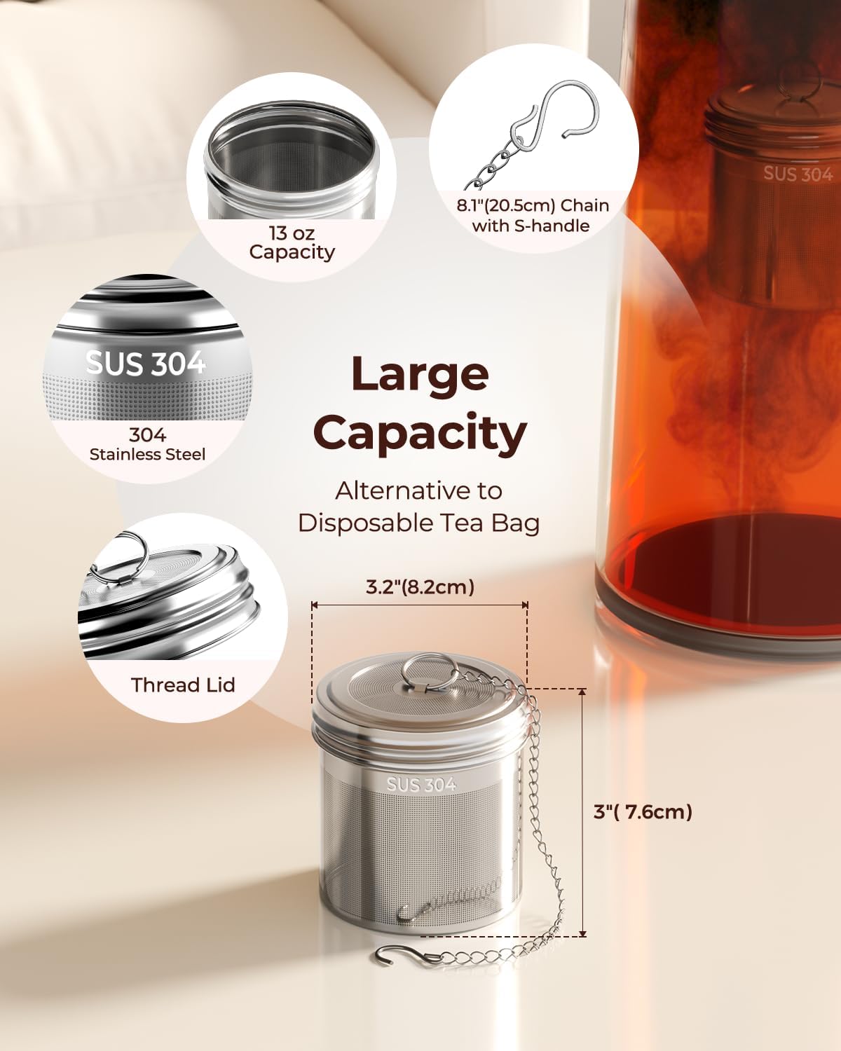 2 Pack Reinmoson Large Tea Infuser for Loose Tea & Spice Infuser for Cooking, 2.1” x 2.9” Extra Fine Mesh Large Tea Strainers, 304 Stainless Steel Loose Leaf Tea Steeper for Black Tea, Rooibos, etc