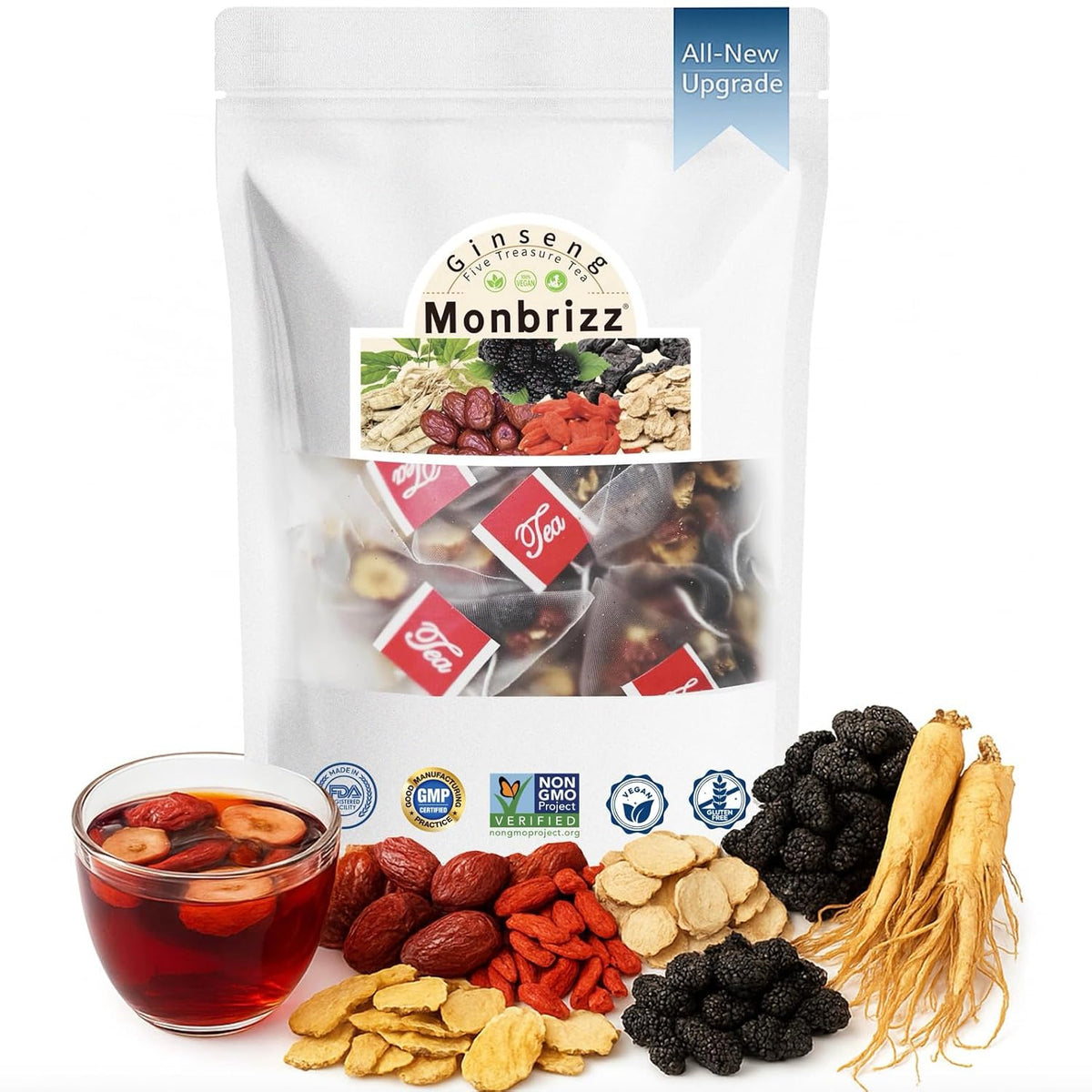 Monbrizz Kidney Tea Formula — 40 Count Value Pack, Ginseng Six Treasure Tea with Maca Root, Goji Berries, Red Dates & Turmeric, Caffeine-Free Herbal Tea for Daily Wellness (40 Count)