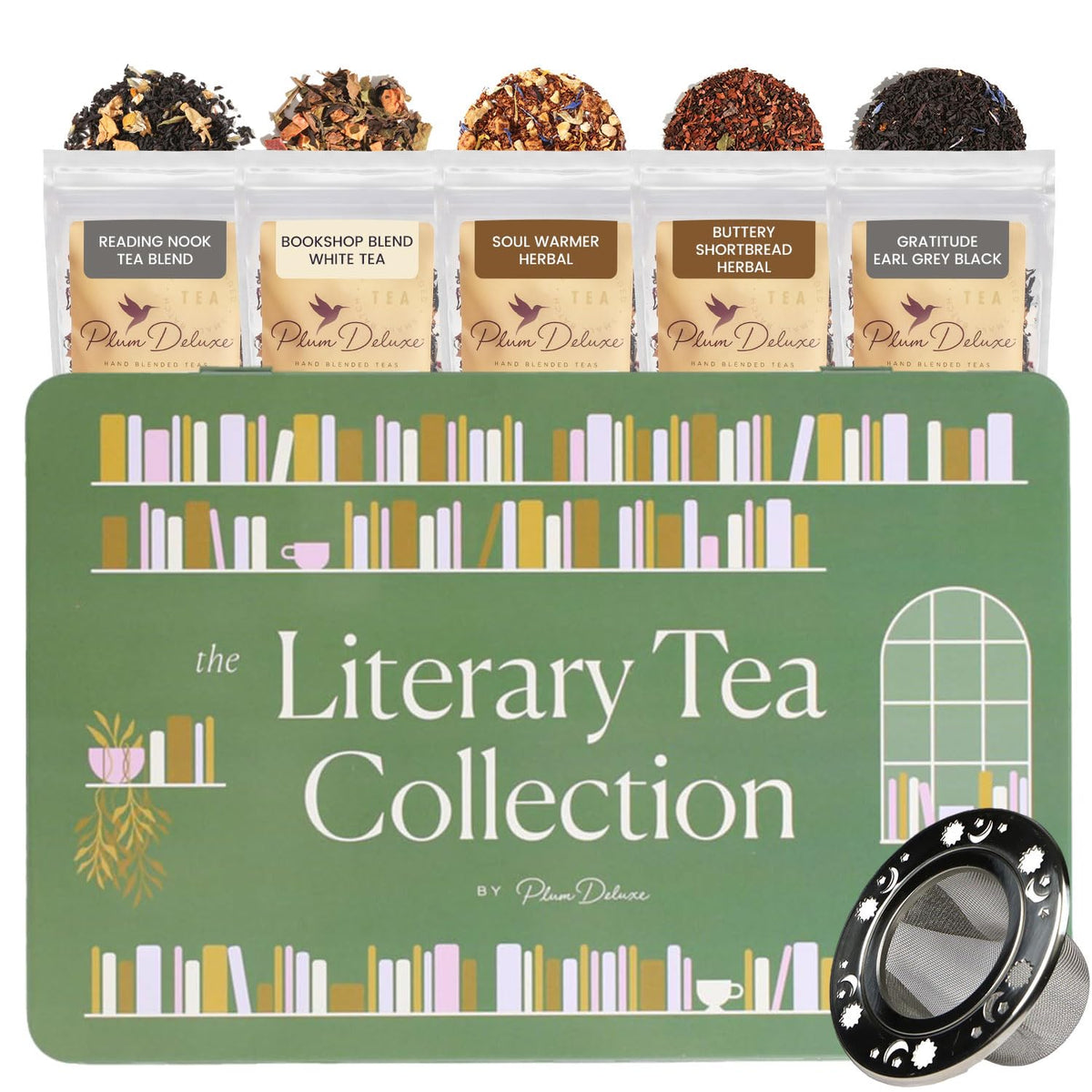 Loose Leaf Tea Sampler – 5 Caffeinated Blends Including Creme Brulee Earl Grey, Peach Oolong, Citrus Mint, Pecan and Floral Black – 75 to 100 Cups – Handcrafted in USA – Plum Deluxe