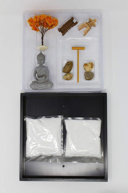 Nature's Mark Mini Zen Garden Kit for Desk with Rake, White Sand, Buddha, Bridge Black Square Base, River Rocks and Mini Blossom Tree (9Lx9W A)