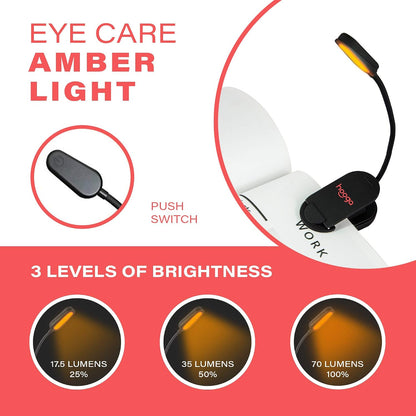 hooga Amber Book Light – Blue Light Blocking Reading Light for Bed, Stepless Dimming, Rechargeable Clip-On Night Light, 1600K Amber & 625nm Red LED for Night Reading