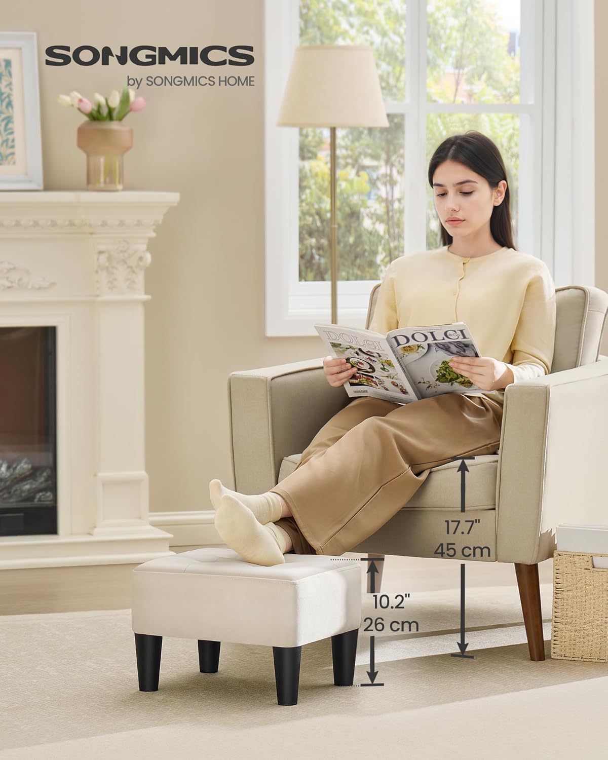 SONGMICS Foot Stool with Legs, Small Footstool Ottoman, Linen-Look Fabric Seat with Thick Cushion, for Living Room, Bedroom, Entryway, 330 lb Weight Capacity, Dark Gray ULOM502G01