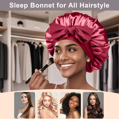 2Pcs Silk Hair Satin Bonnet for Sleeping Women,Large Satin Sleep Bonnets for Women with Elastic Tie Band Silk Hair Wrap with Ajustable Straps,Night Sleep Cap for Curly Braids,Black+Rose Gold