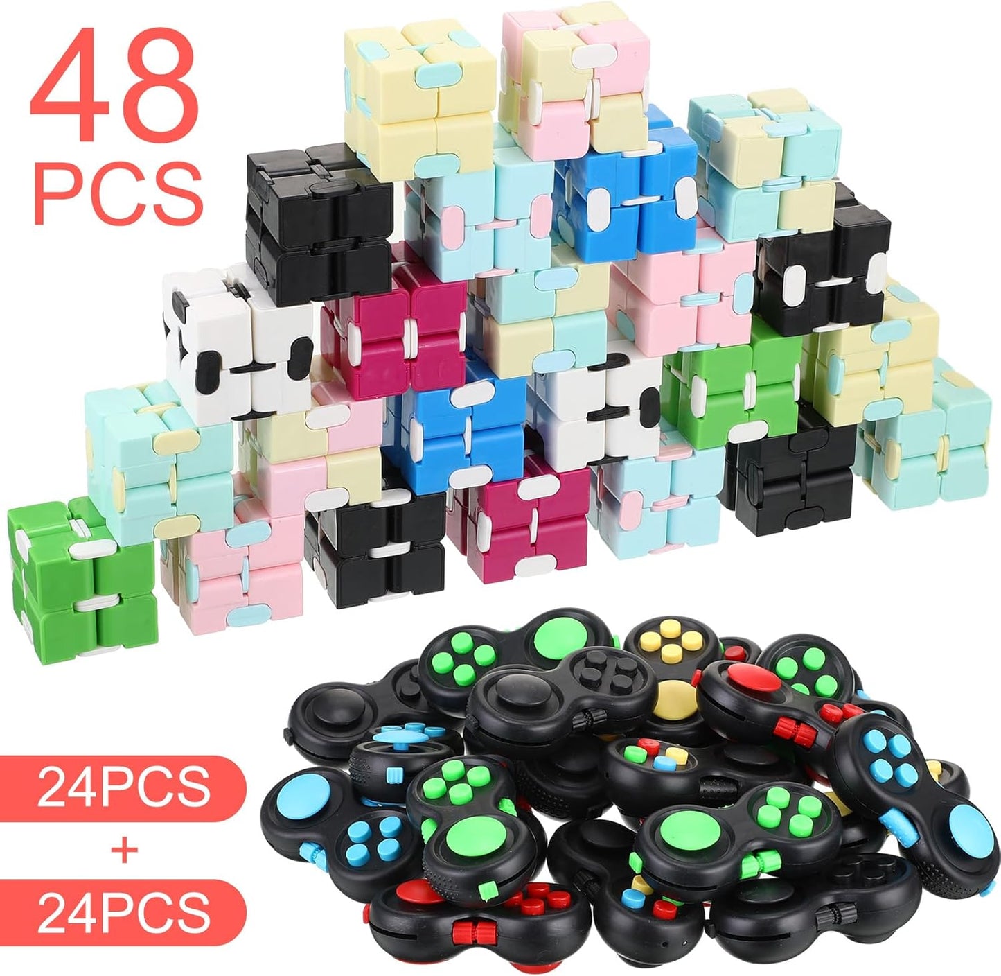 Junkin 48 Pcs Bulk Fidget Pad Controller and Cube Toys Party Favors Mini Blocks Game Controller for Anxiety Stress Relief Birthday Return Gifts Stocking Stuffers for Boy and Girl