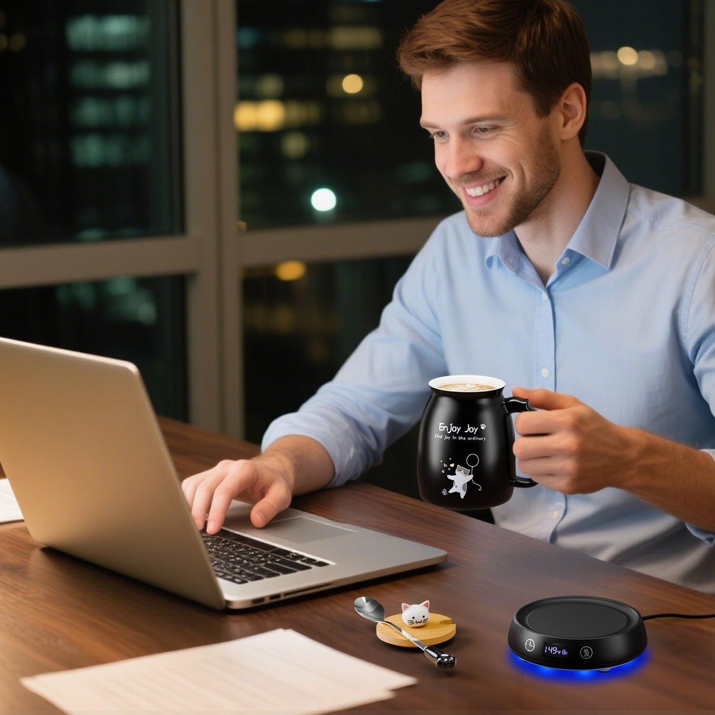 Coffee Mug Warmer Set, Smart Heated Electric Cup Warmer for Desk Office with 8H Auto Off, 1-9H Delay Startup & Shutoff Timer, 3 Temperature Control Coffee Tea Beverage Warmer, Ideal Gifts for Man