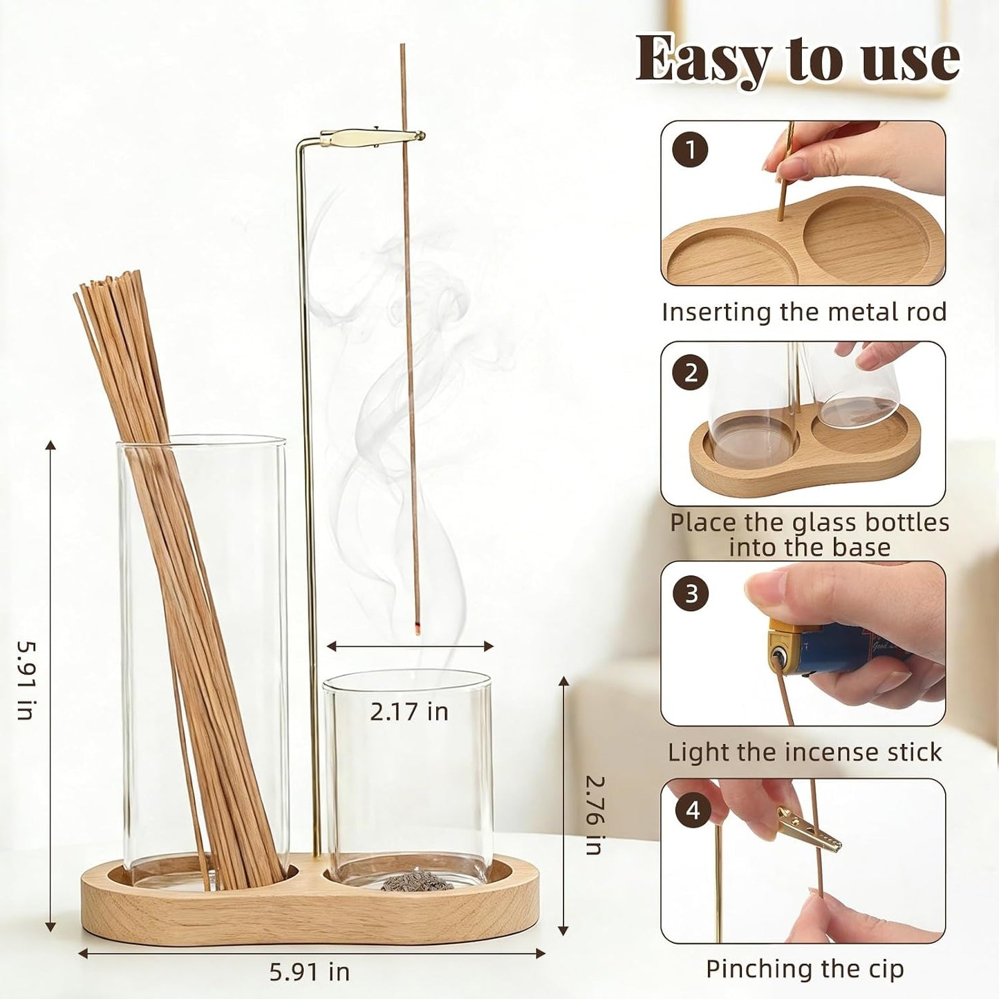 2-in-1 Glass Incense Holder with Ash Collector and Incense Stick Storage Upside Down Hanging Incense Holder, Anti-Splashing Design, Perfect for Meditation, Yoga, Spa, and Home Decoration
