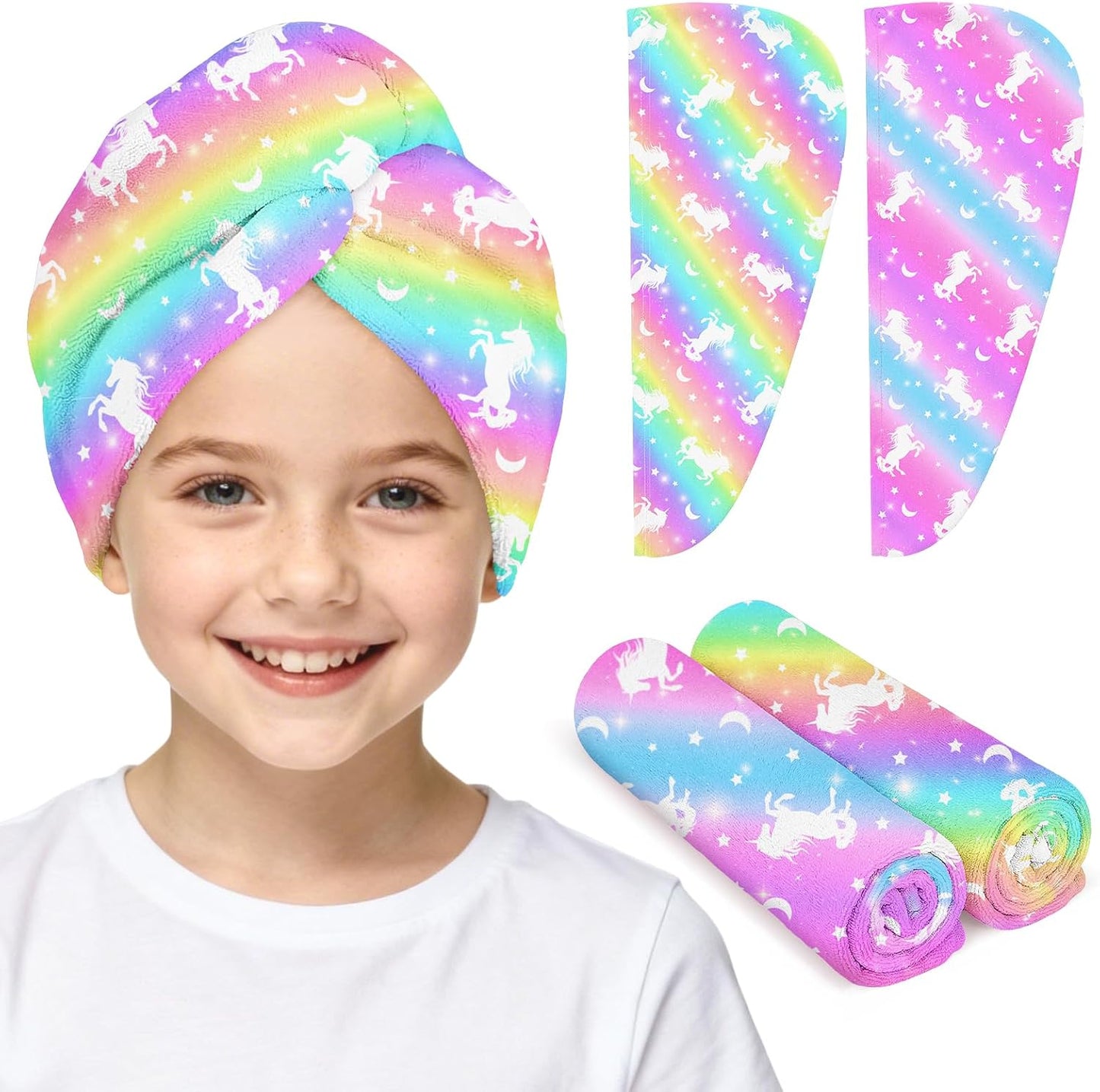 Microfiber Hair Towel Wrap for Kids 2 Pack Quick Drying Hair Towels with Button Hair Turbans for Wet Hair Absorbent Quick Dry Wraps Head Towel Wrap for Women and Girls, Pink Purple Bow