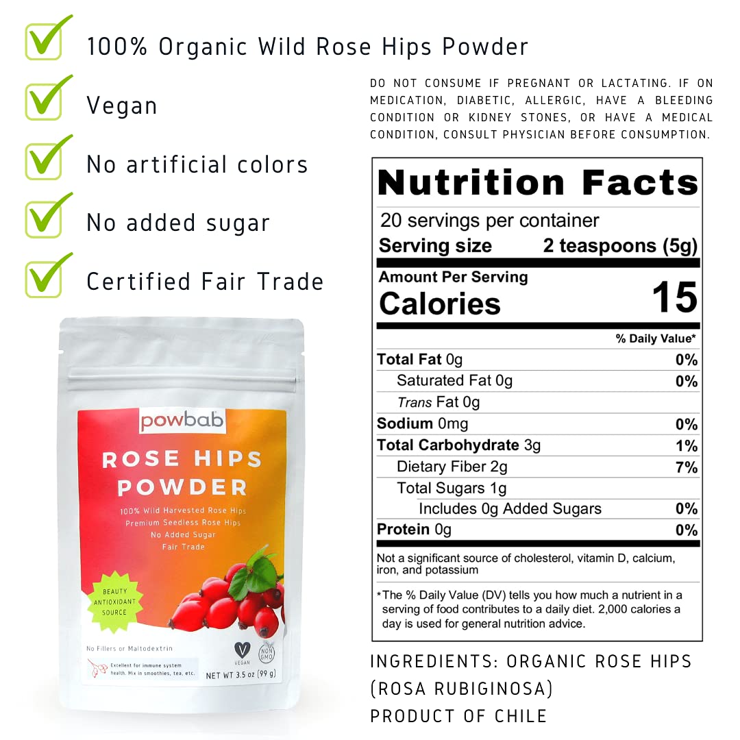 powbab Rose Hips Powder from 100% Wild Organic Rosehip. Premium Rosa Rubiginosa. Seedless Ground Rosehips from Whole Dried Rose Hips. No Added Sugar. Fair Trade (3.5 oz)
