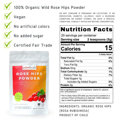 powbab Rose Hips Powder from 100% Wild Organic Rosehip. Premium Rosa Rubiginosa. Seedless Ground Rosehips from Whole Dried Rose Hips. No Added Sugar. Fair Trade (3.5 oz)