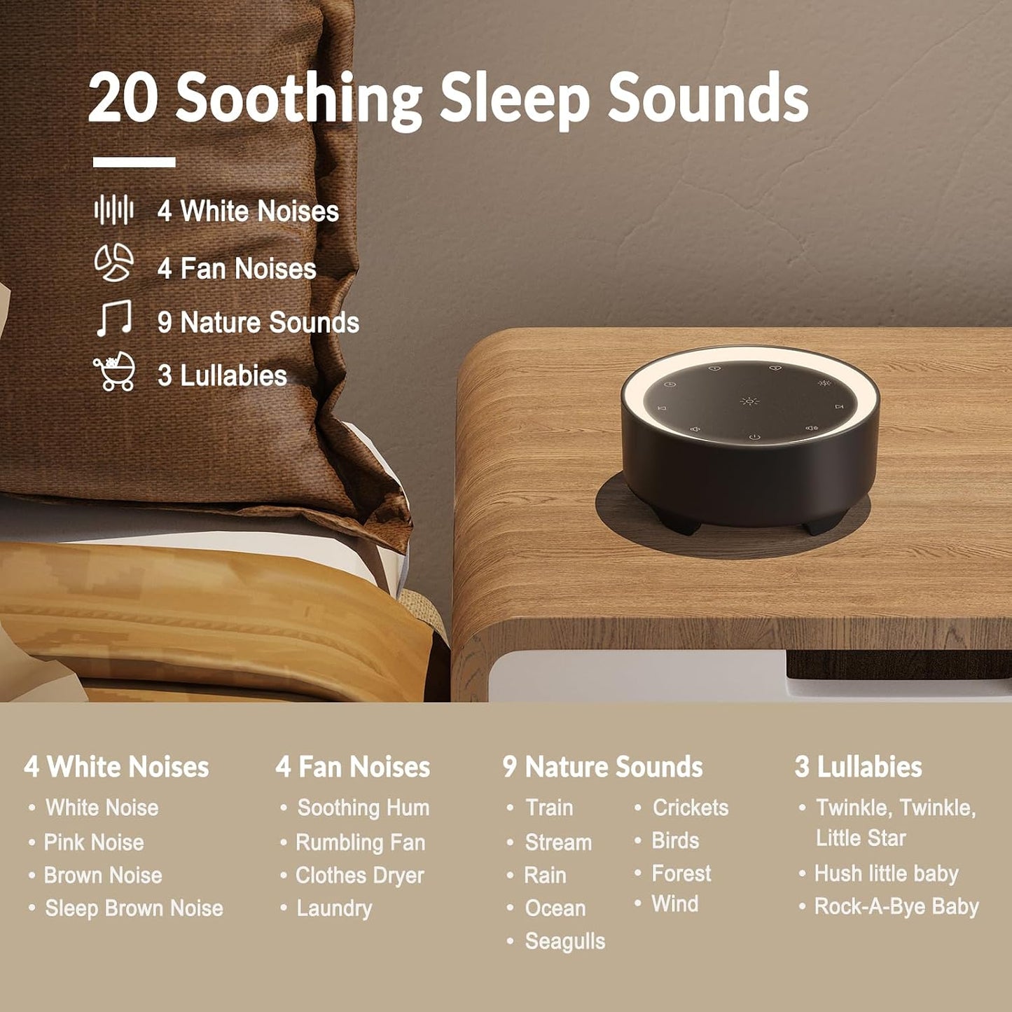 Kipcush White Noise Machine for Sleeping – High-Fidelity Non-Looping Sounds, Dimmable Night Light, USB Powered, Sleep Sound Machine for Baby, Kids & Adults (A - Model White+, Standard)