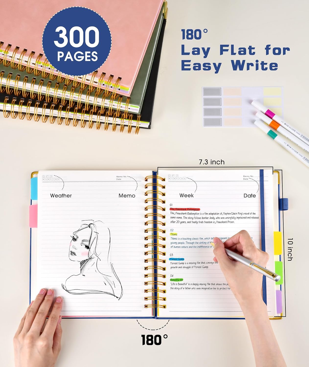 Hardcover Spiral Notebook journal with Removable Dividers Tabs, 300 Pages Leather 5 Subject Notebook College Ruled, 8"x10" Large B5 Notebooks for Work School Note taking, Lined Journal for Women,Black
