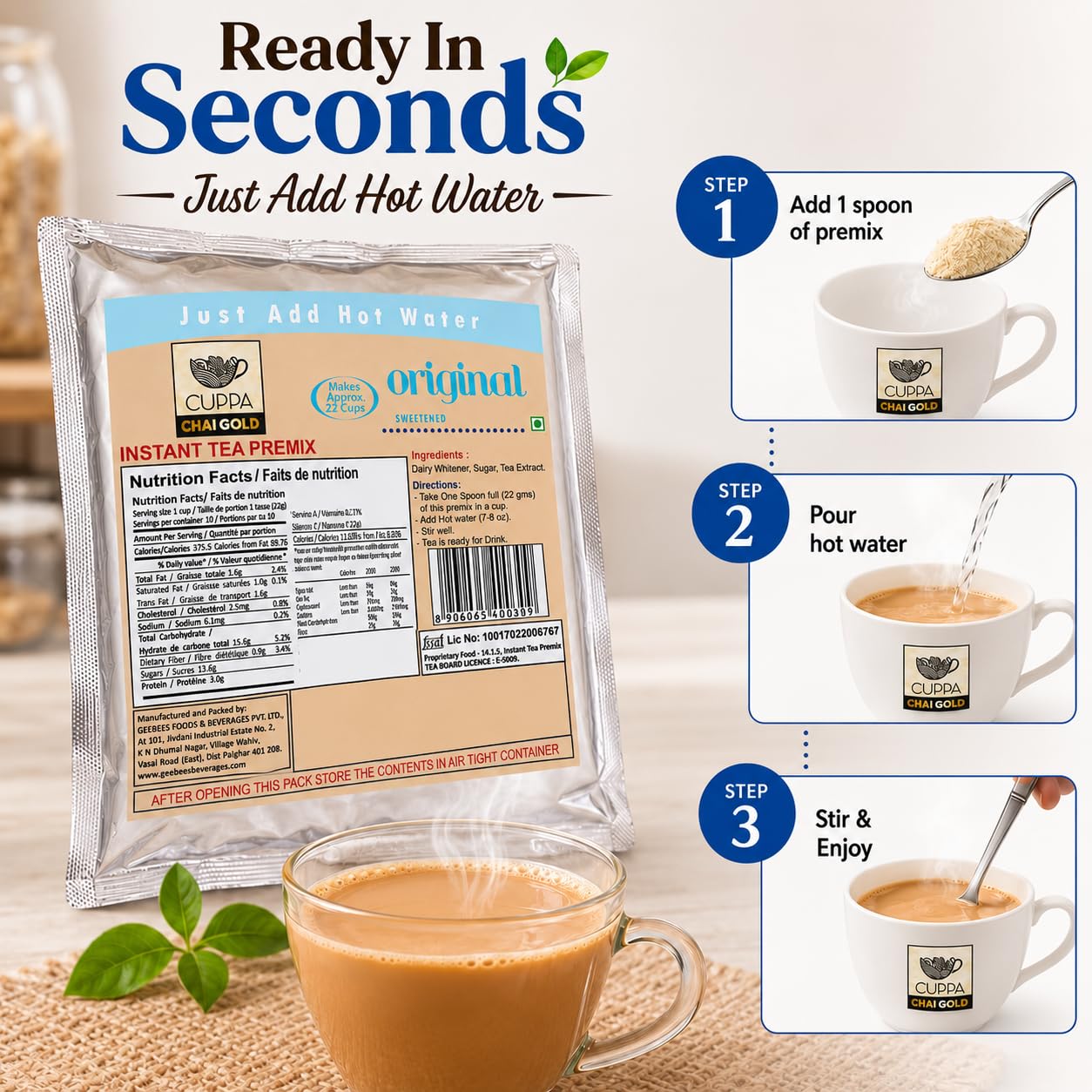 Chai Gold Instant Chai Tea Premix Powder - Sweetened Milk Tea Latte Mix for Home and Beverage Dispensers - [500g / 1.1 lb Bulk Bag] (Kadak)