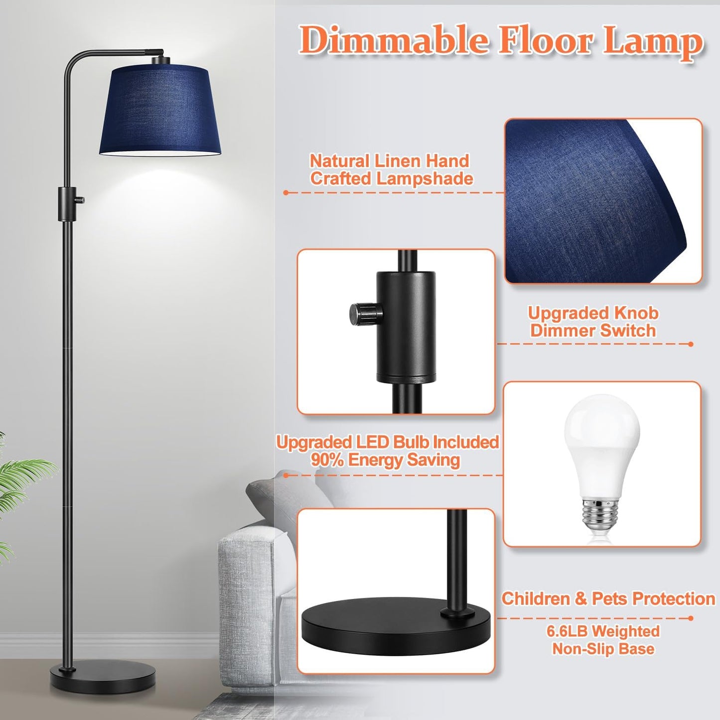 【Upgraded】 Dimmable Floor Lamp, 1000 Lumens LED Edison Bulb Included, Arc Floor Lamps for Living Room Modern Standing Lamp with Linen Shade, Tall Lamp for Bedroom Office Dining Room- Black