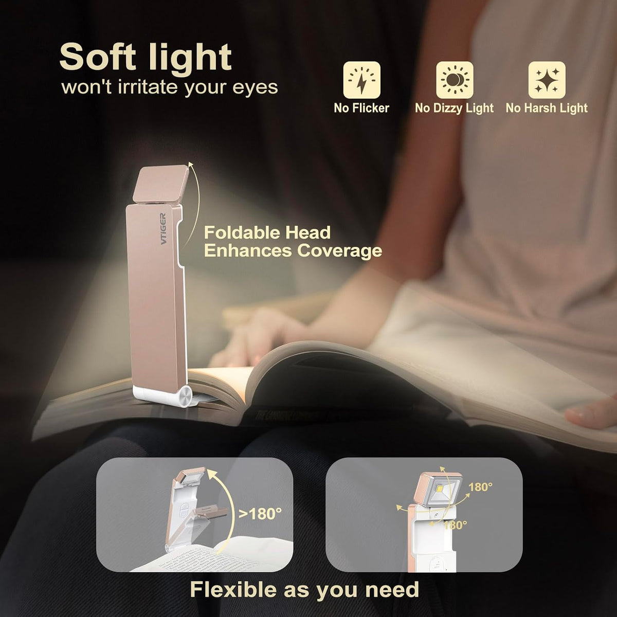VTIGER Reading Light, USB Rechargeable Book Light for Reading in Bed,Foldable Clip-on LED Booklight, 3 Amber Colors & 4 Brightness Dimmable,Long Lasting Portable Bookmark Lamp for Book Lovers, Kids