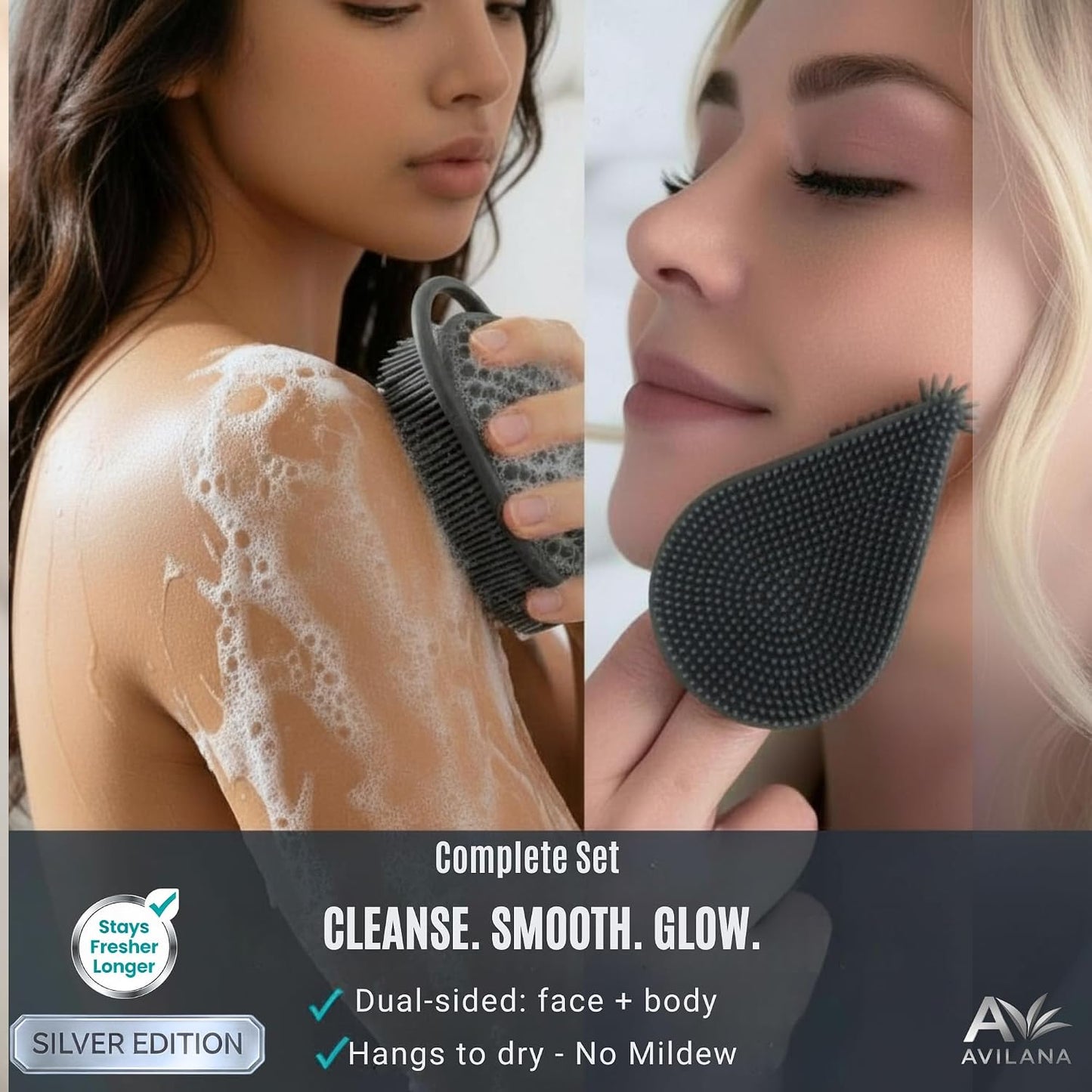 Avilana Premium Silicone Body Scrubber - Trusted Since 2017 - SGS Certified Food Grade Dual Sided Bath Brush, Quick-Dry Exfoliating Loofah Alternative, Massage Brush Sensitive Skin Women Men