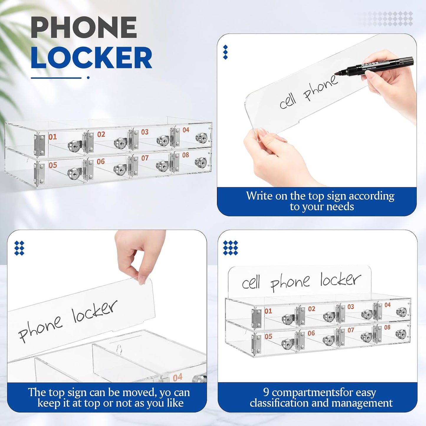 Threan 12 Slot Cell Phone Storage Box, Acrylic Clear Cell Phone Storage Cabinet Wall Mounted with Door, Locks and Keys for Office School Factory