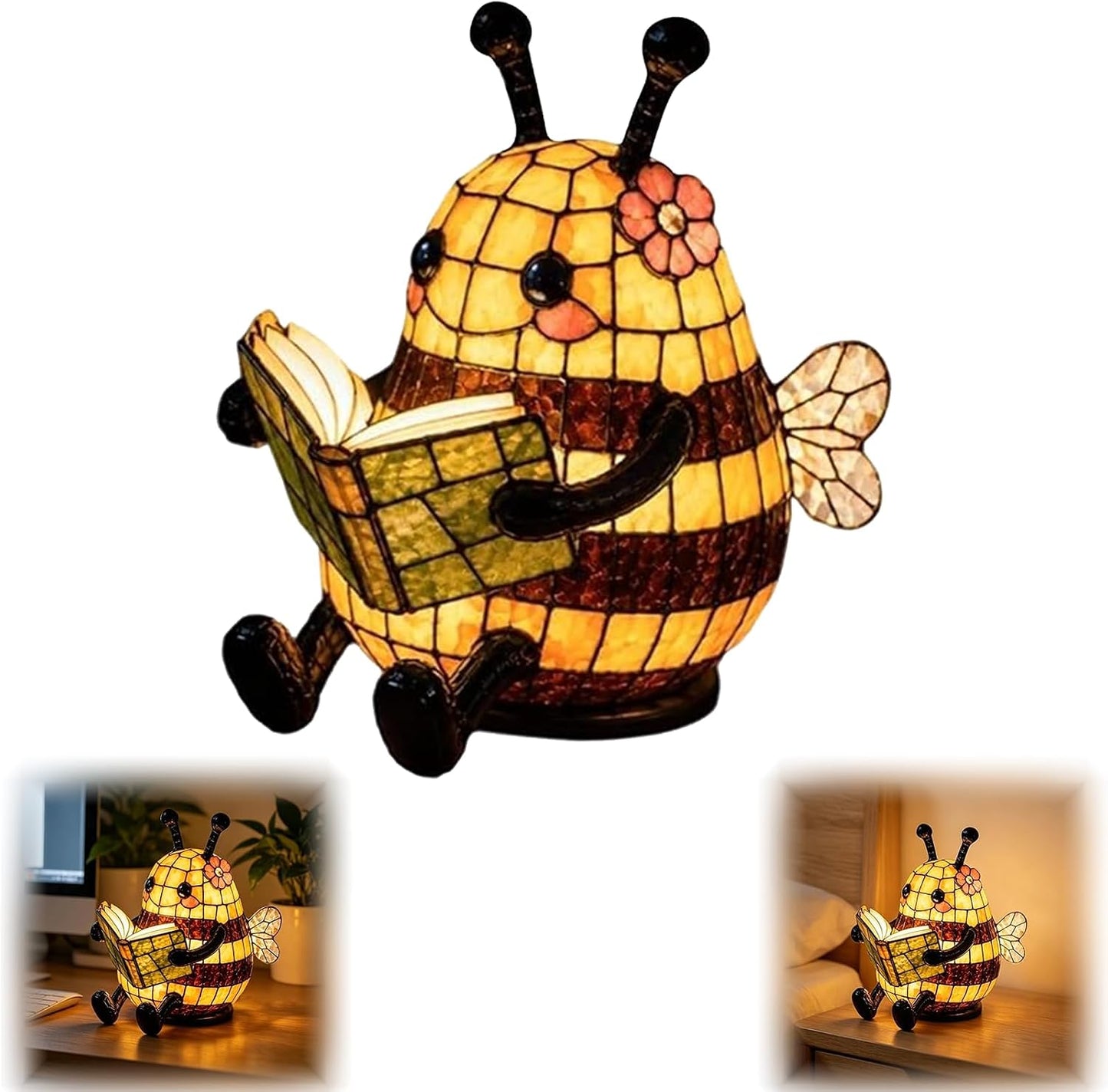 Cute Bee Night Light with Book Design, Warm Glow Animal Table Lamp for Bedroom Desk Bookshelf, Decorative 3D Bee Reading Lamp Gift for Book Lovers，1pc