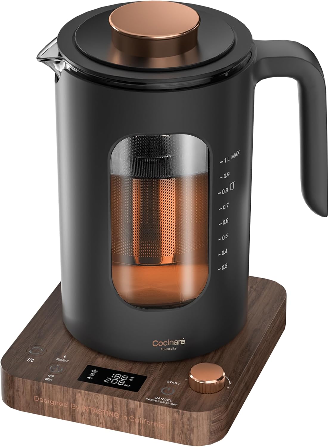 INTASTING Electric Tea Kettle, Electric Kettle with Tea Infuser, ±1℉ Knob Temperature Control, BPA-Free Glass, 1200W Fast Heating, Easy to Clean, 1 Liter (Dark Gray)