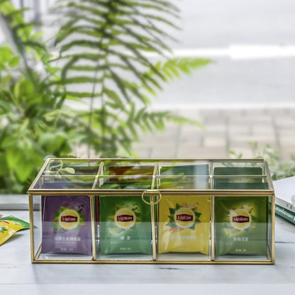 NCYP Glass Tea Bags Organizer with 5 Grids Compartments, Indoor Counter Top Brass Display Case with Lid, Storage Box, Gold, Decor, Teabag Storage, 14.5 x 3.6 x 3.66 Inches (Glass Box Only)
