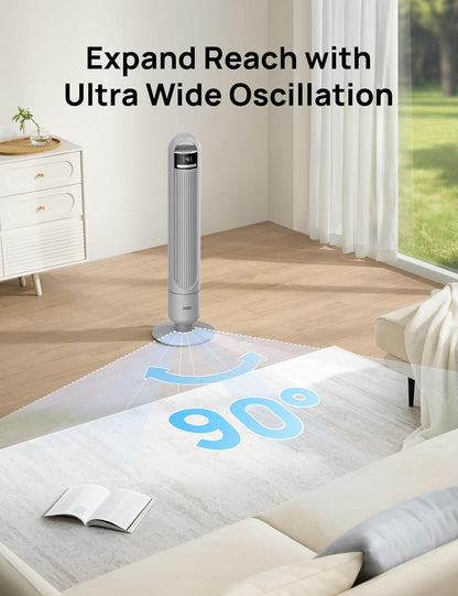 DREO Tower Fan for Bedroom, 90° Oscillating Standing Fans for Room with 4 Speeds, 3 Modes, 28dB Quiet for Sleep, 26ft/s Velocity, 8H Timer, Remote, Living Room, Office, Home, Black