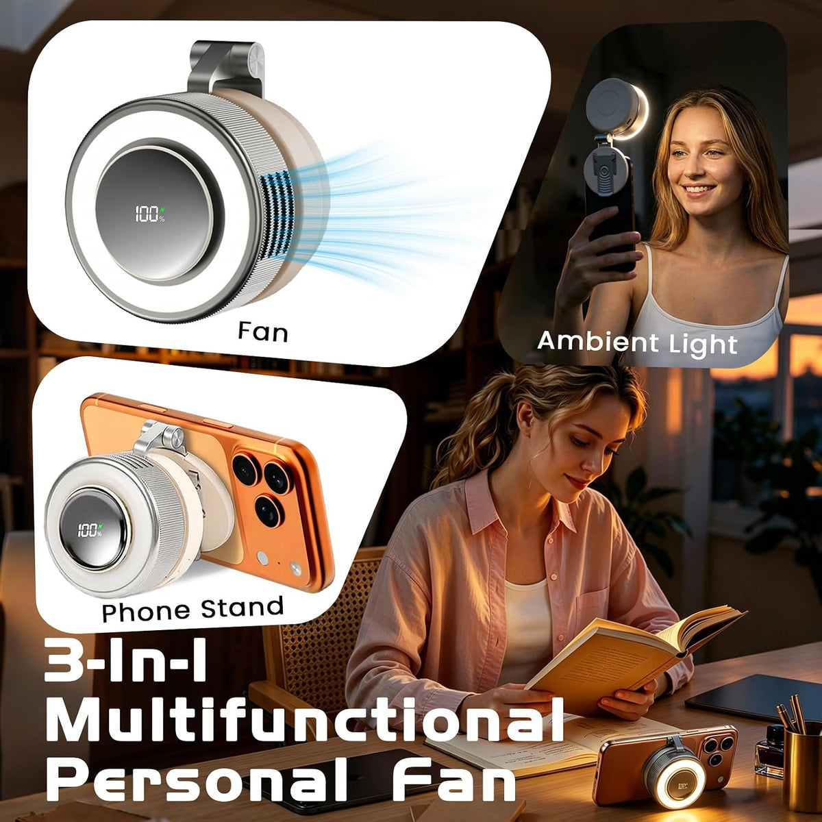 Portable Clip-On Fan, Mini USB Rechargeable 360° Rotatable Fan, Personal Fan 3-Speed Silent Mini Bladeless Fans (White)