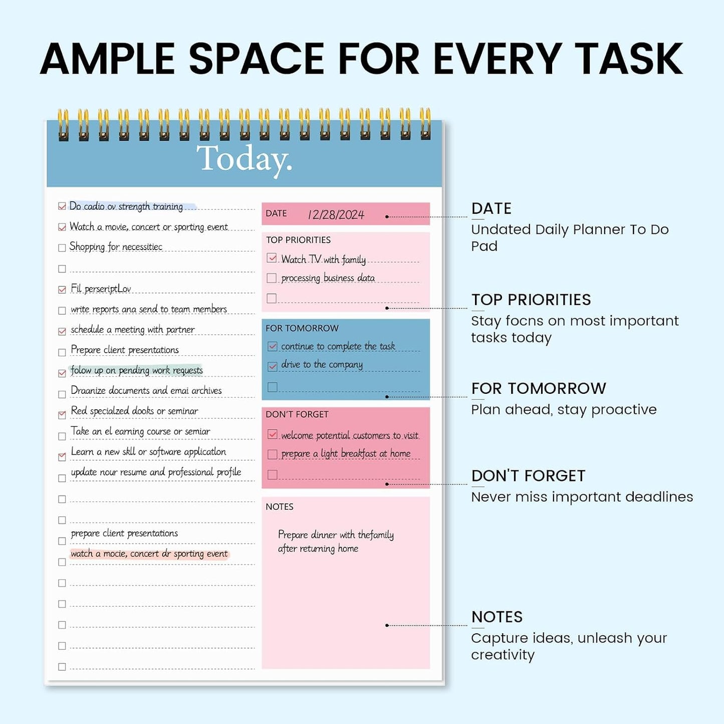 To Do List Notepad - Daily Planner Notepad 104 Pages Task Planner, 6.7" x 9.8" Double Sided Spiral Notebook with Checklist Productivity Planning Pad for Work Office Home-Pink