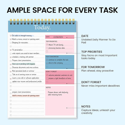 To Do List Notepad - Daily Planner Notepad 104 Pages Task Planner, 6.7" x 9.8" Double Sided Spiral Notebook with Checklist Productivity Planning Pad for Work Office Home-Pink