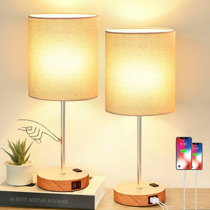 Set of 2 Touch Control Table Lamps with 2 USB & AC Outlet, 3-Way Dimmable Bedside Nightstand Lamps for Bedroom Living Room Nursery, 800 Lumens 5000K Daylight Bulbs Included