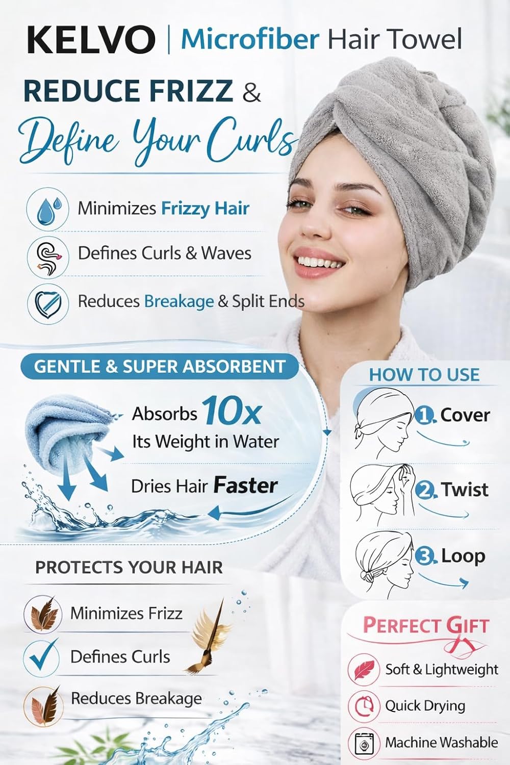KELVO Microfiber Hair Towel Wrap for Women-Pack of 3, 350 GSM Super Absorbent Quick Dry Hair Turban Anti-Frizz Head Wrap for Curly, Long & Thick Hair Soft Hair Drying Towel (Checkered, Mixed Color)