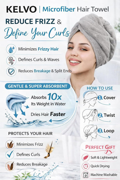 KELVO Microfiber Hair Towel Wrap for Women-Pack of 3, 350 GSM Super Absorbent Quick Dry Hair Turban Anti-Frizz Head Wrap for Curly, Long & Thick Hair Soft Hair Drying Towel (Checkered, Mixed Color)