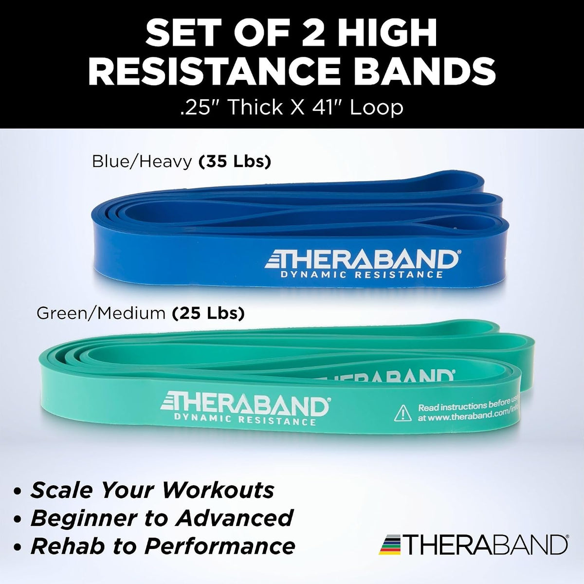 THERABAND High Resistance Band Set of 2, Light and Medium Loop, 15-25 lb