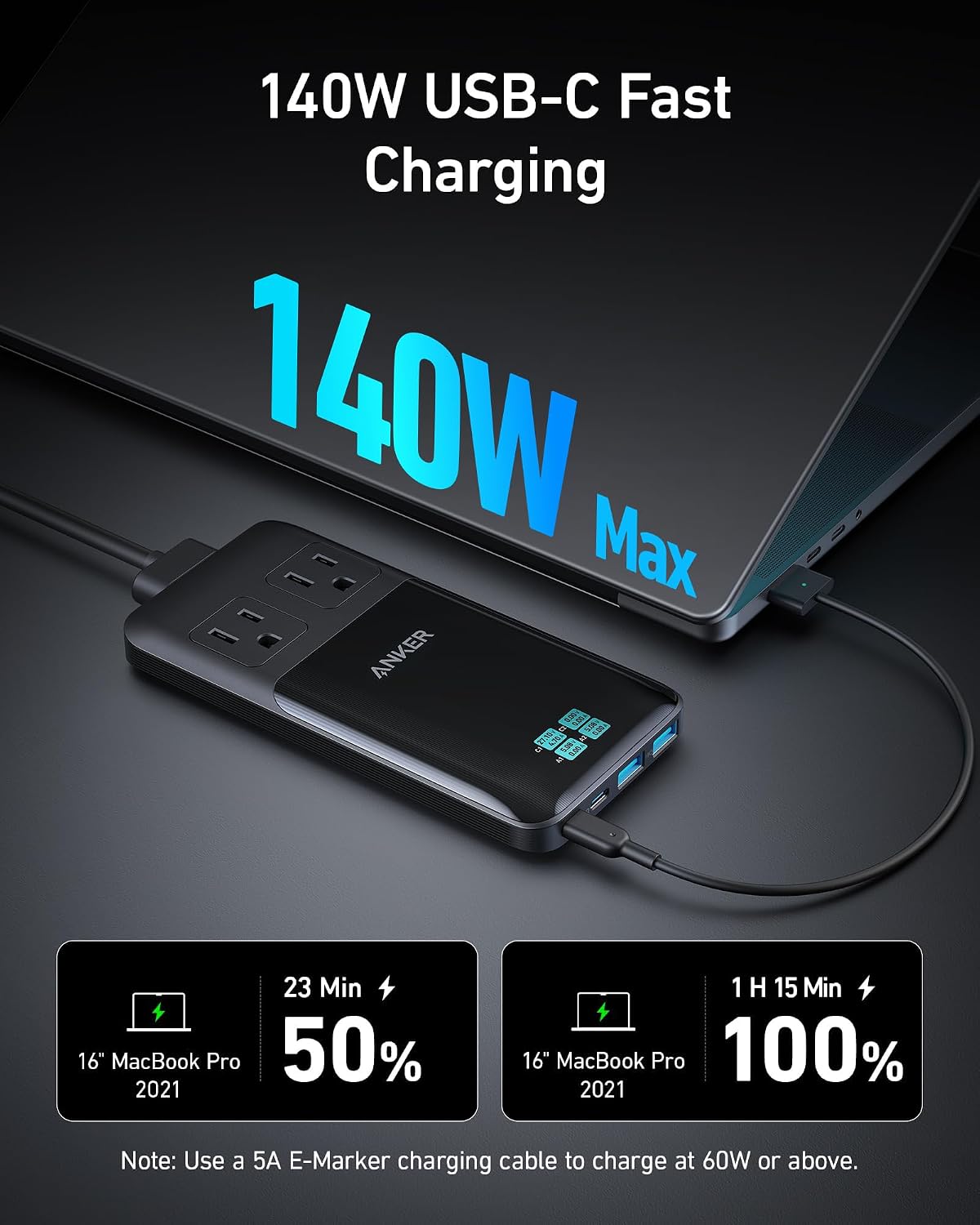 Anker Prime Charging Station, 140W 6-in-1 Travel Power Strip, 2 USB C