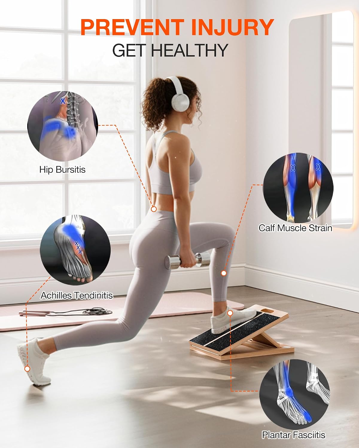 Frylr Portable Wooden Slant Board for Calf Stretching and Exercise, Adjustable Incline Wedge for Squats and Balance