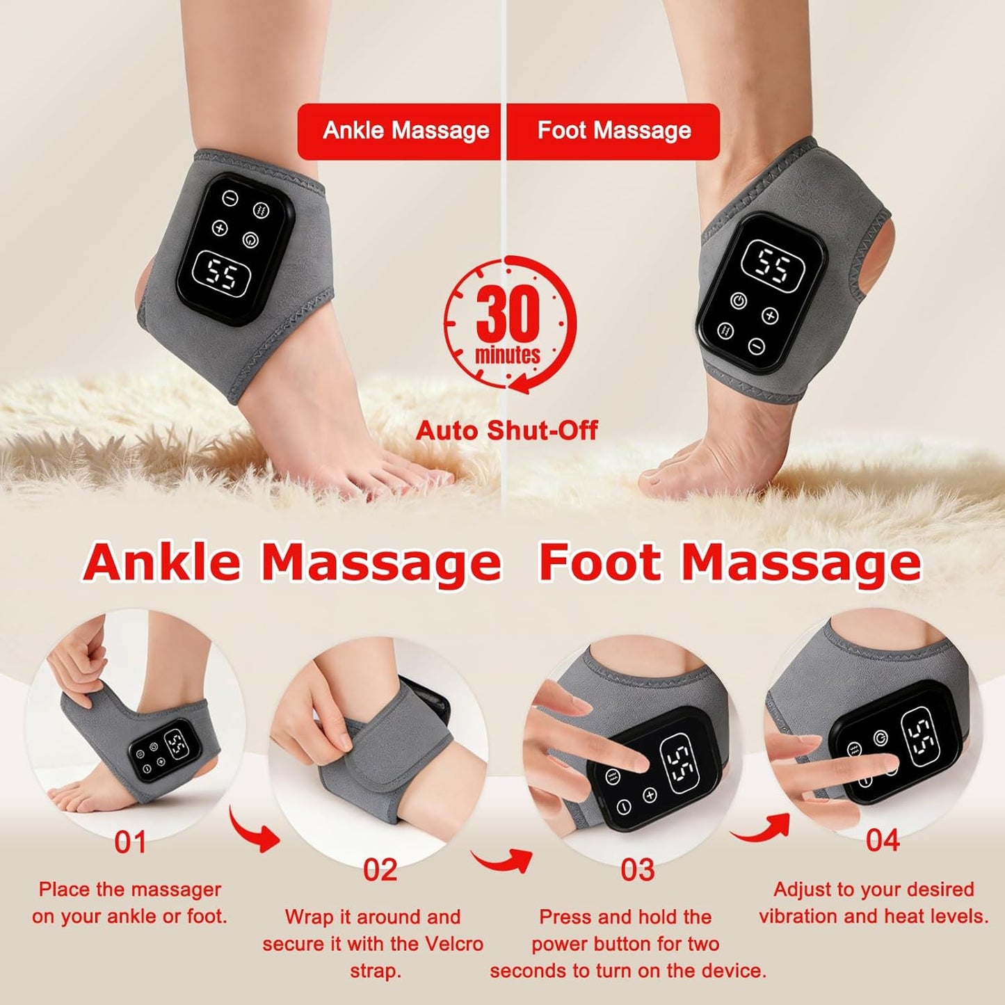 2-Pack 2026 Upgraded 3-in-1 Foot and Ankle Massager - 5 Vibration Modes and 5 Heating Levels, Suitable for Relieving Daily Foot Fatigue, Wireless and Portable，Grey