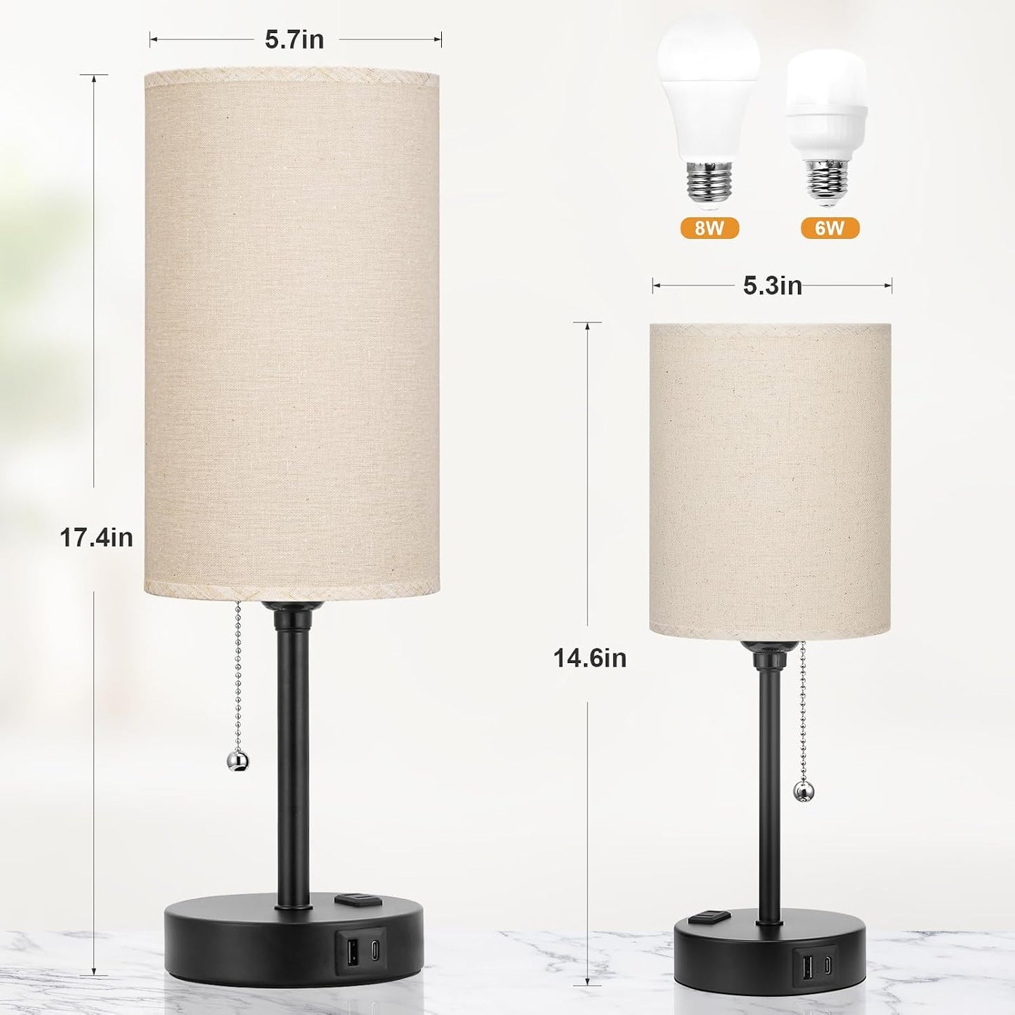 Small Bedside Table lamp for Bedroom - 3 Color Temperatures Bedside Lamps with USB C and A Ports, Pull Chain Table Lamps with AC Outlet, White Nightstand Lamps with Black Metal Base for Kids Reading