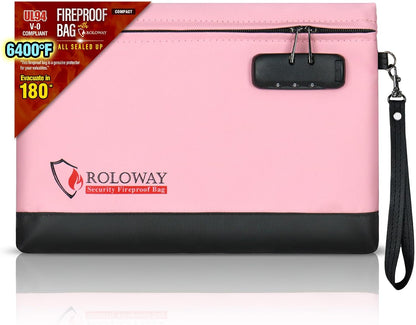ROLOWAY Fireproof Money Bag with Lock for Cash, 6400°F Fire Proof Document Bag (12.2 x 8.5 x 1.6 inches), Money Pouch with Zipper (Pink)