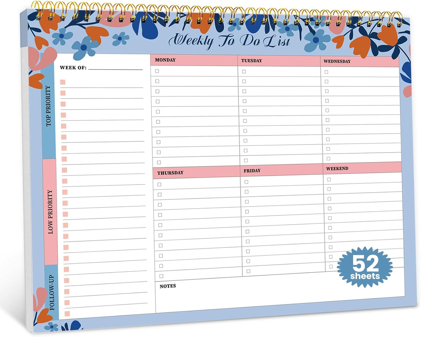 Weekly To Do List Notepad with 52 Undated Sheets（8.5"×11"）- Undated Weekly Planner Notepad for Office Desk Accessories and Supplies - Sunshine Petal