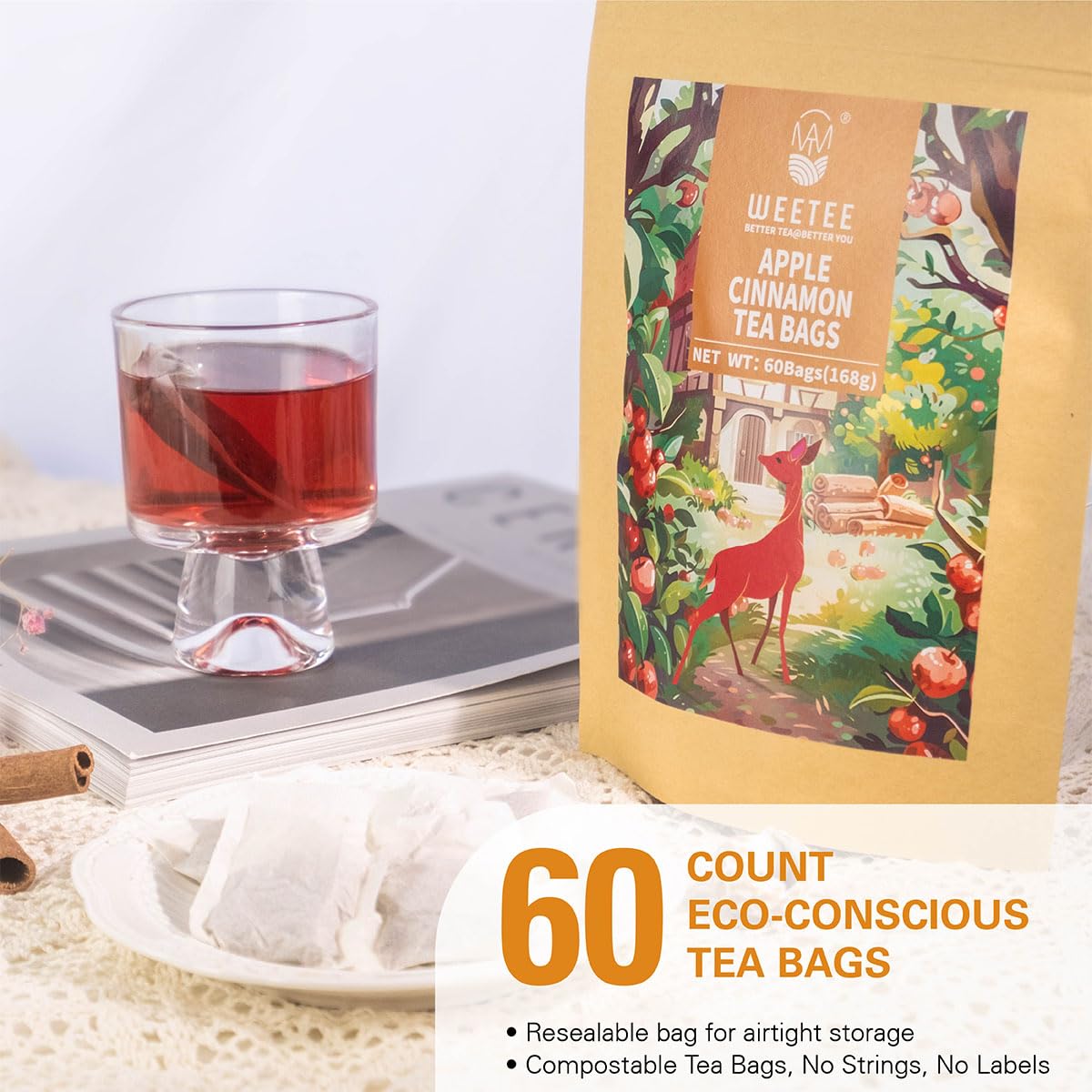 WT WEETEE Apple Cinnamon Herbal Tea Bags 60 Count, Warm & Cozy Fall Flavor
