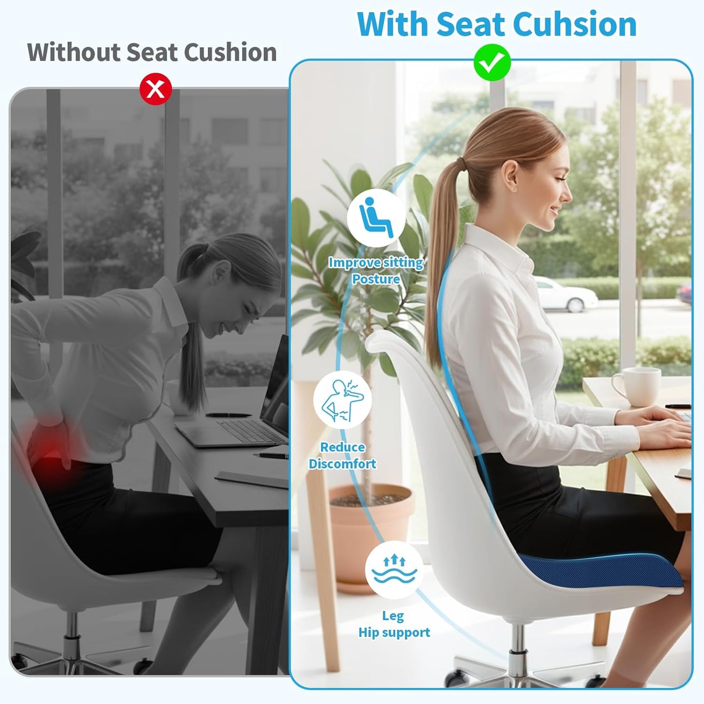 TranquilRelax Large Seat Cushion, Memory Foam Cushion for Long Sitting Hours on Office Chair, Car Seat, Non-Slip Chair Pad for Sciatica, Coccyx, Tailbone Pain Relief & Post-Surgery Recovery (Black)